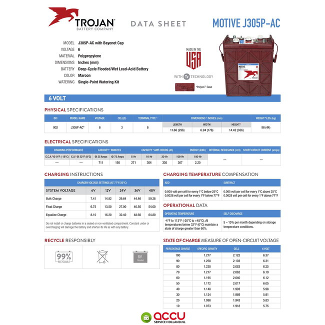 Trojan J305P-AC Deep-Cycle accu 6 volt 330 ah