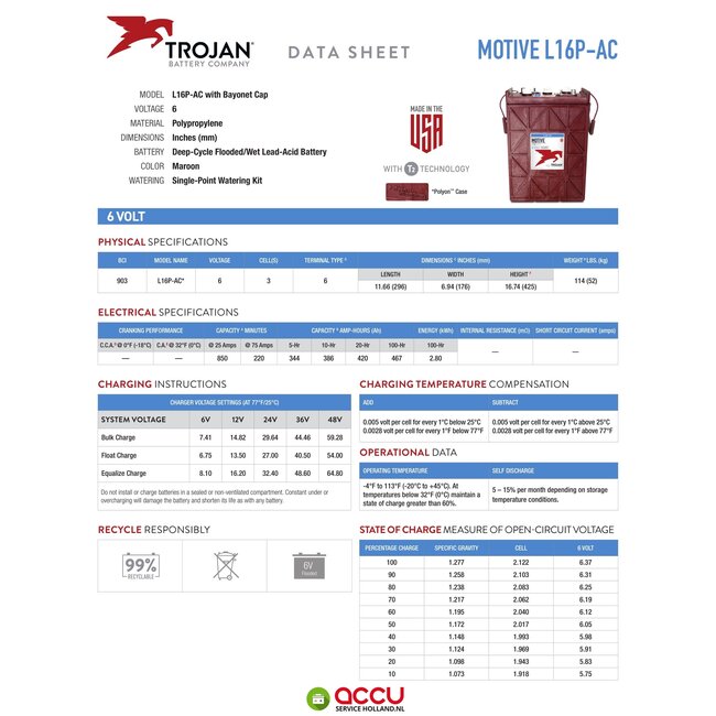 Trojan L16P-AC Deep-Cycle accu 6 volt 420 ah
