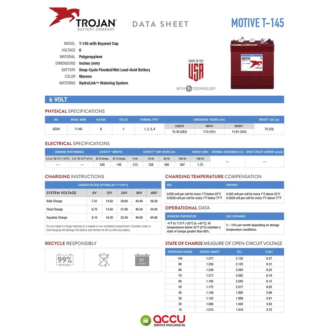 Trojan T-145 Deep-Cycle accu 6 volt 260 ah