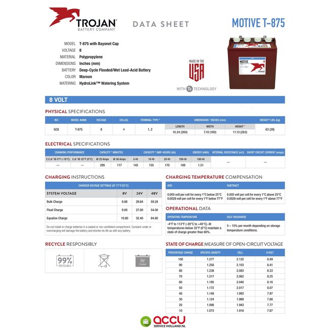 Trojan T-875 Deep-Cycle accu 8 volt 170 ah