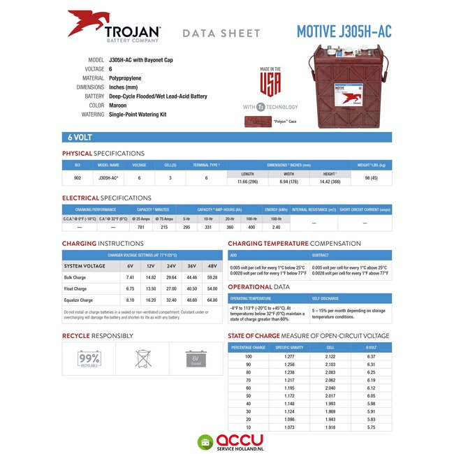 Trojan J305H-AC Deep-Cycle accu 6 volt 360 ah