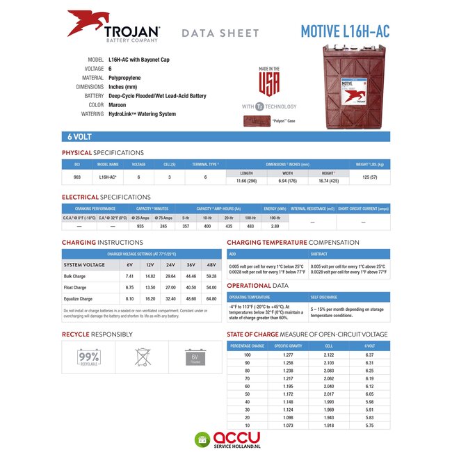Trojan L16H-AC Deep-Cycle accu 6 volt 435 ah