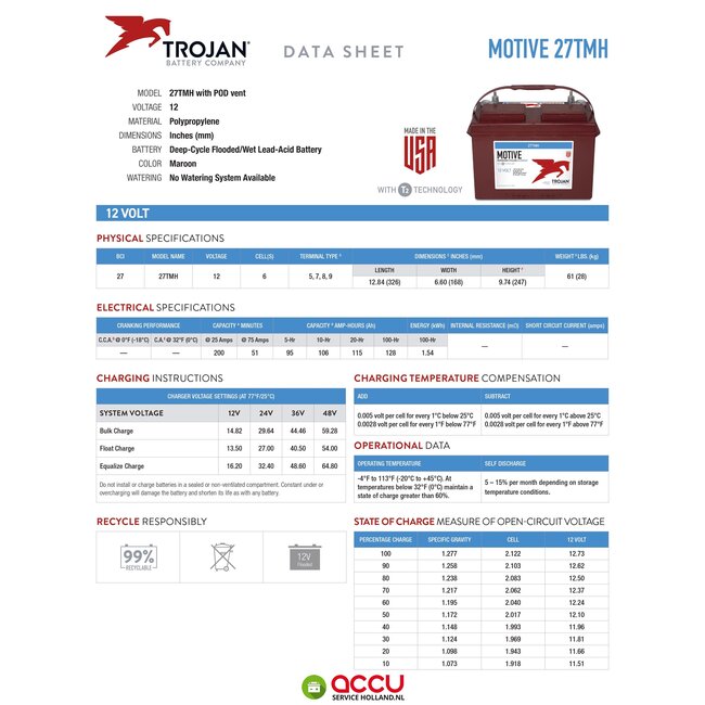 Trojan 27TMH Deep-Cycle accu 12 volt 115 ah