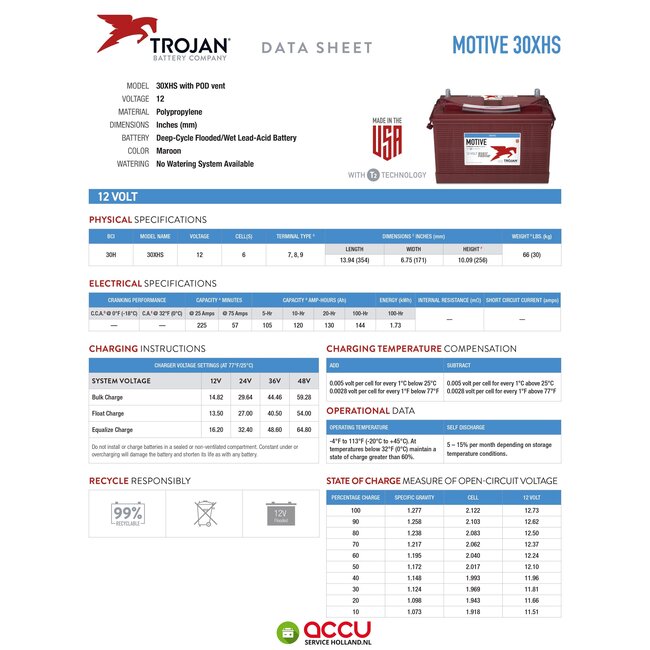 Trojan 30XHS Deep-Cycle accu 12 volt 130 ah