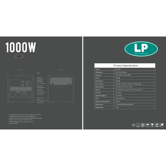 LP Energy Draagbare stroomgenerator ESS 1000 Wh