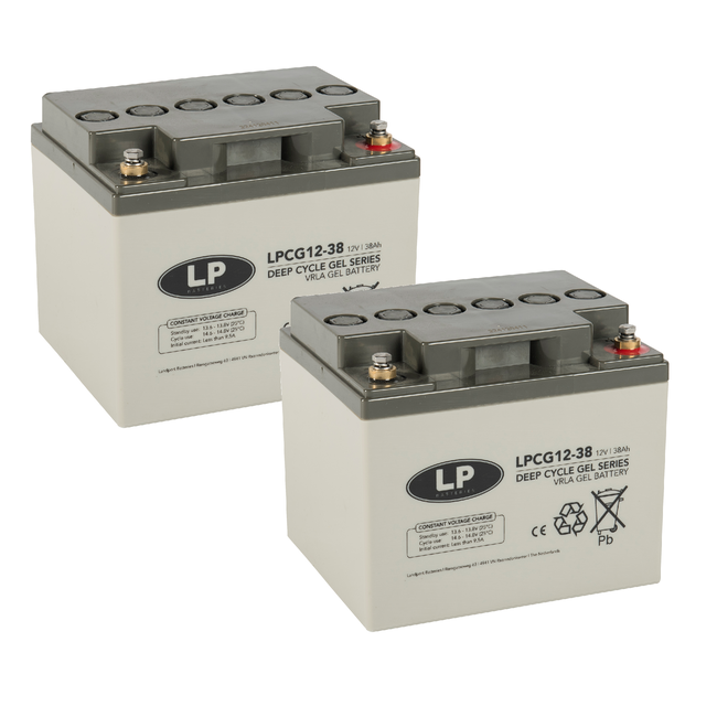 Landport (LP) 2x LPCG12-38 accu's 12 volt 38 ah + IMPULS II acculader 24v 6A