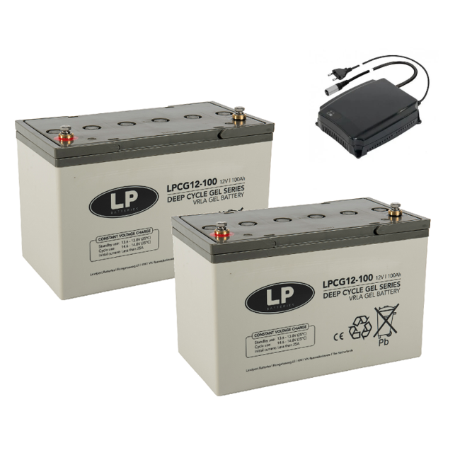 Landport (LP) 2x LPCG12-100 accu's 12 volt 100 ah + c-Go acculader 24v 10A