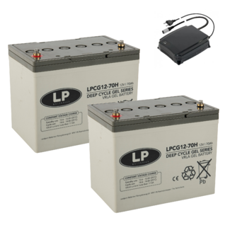 Landport (LP) 2x LPCG12-70 accu's 12 volt 70 ah + c-Go acculader 24v 8A