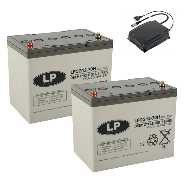 Landport (LP) 2x LPCG12-70 accu's 12 volt 70 ah + c-Go acculader 24v 8A