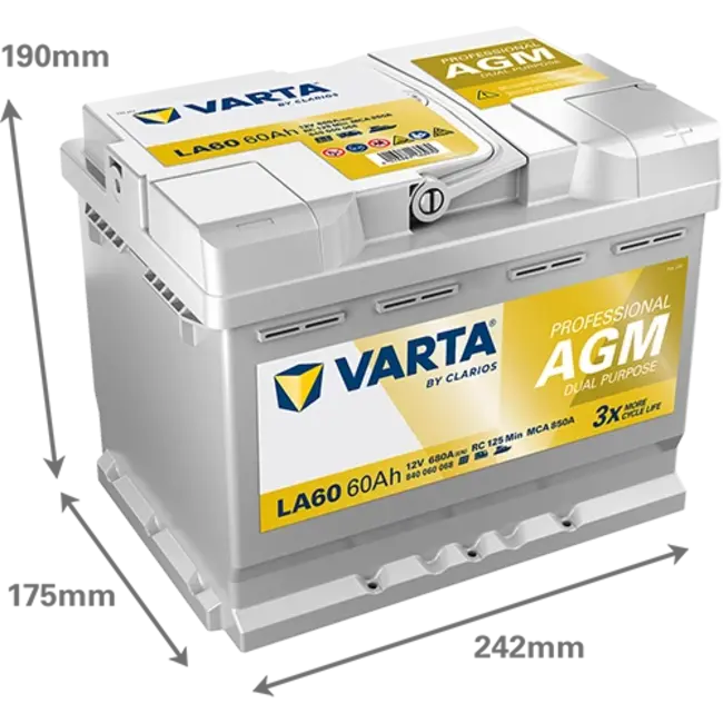 Varta LA60 AGM accu 12 volt 60 ah Dual Purpose