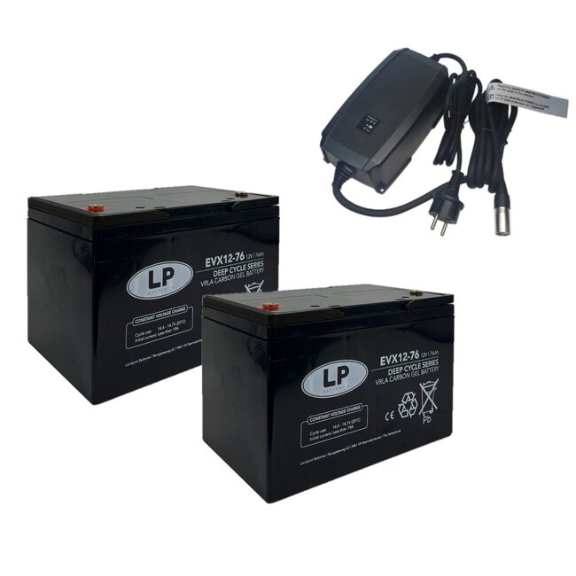 Landport (LP) 2x EVX12-76 accu's 12 volt 76 ah + IMPULS II acculader 24v 8A