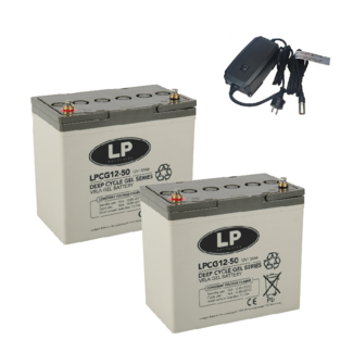 Landport (LP) 2x LPCG12-50 accu's 12 volt 50 ah + IMPULS II acculader 24v 6A