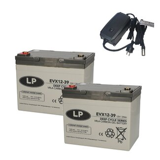 Landport (LP) 2x EVX12-39 accu's 12 volt 39 ah + IMPULS II acculader 24v 6A