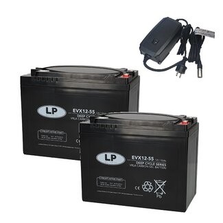 Landport (LP) 2x EVX12-55 accu's 12 volt 55 ah + IMPULS II acculader 24v 6A