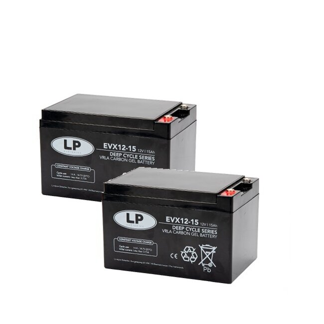 Landport (LP) 2x EVX12-15 accu's 12 volt 15 ah + acculader 24v 2,8A