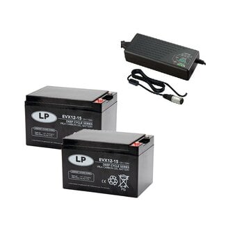 Landport (LP) 2x EVX12-15 accu's 12 volt 15 ah + acculader 24v 2,8A