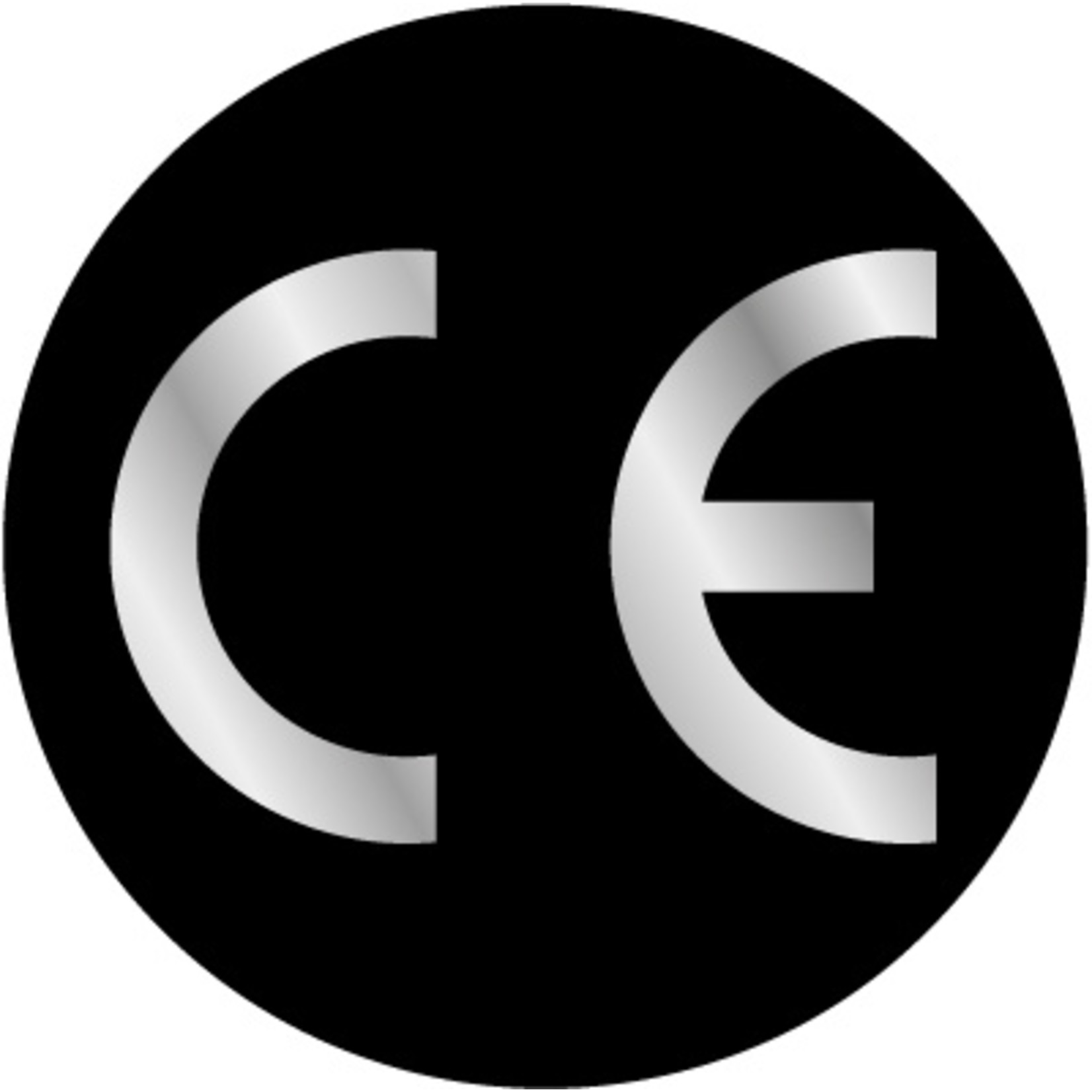 CE-sticker rond zwarte ondergrond, zilveren logo