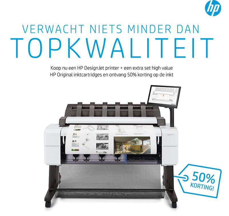 Koop een HP Designjet printer en ontvang 50% korting op de inkt Allesomteprinten.nl