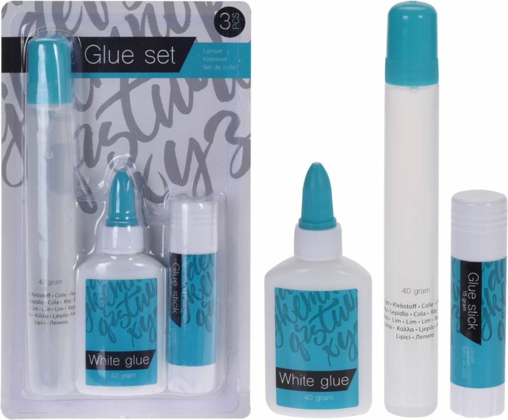 Lijmset 3dlg; witte lijm 40gram, stift 40 gram en stick 15gr