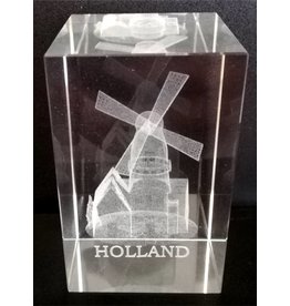 3d Laser Kristal Blok Molen + tekst Holland 5x5x8cm