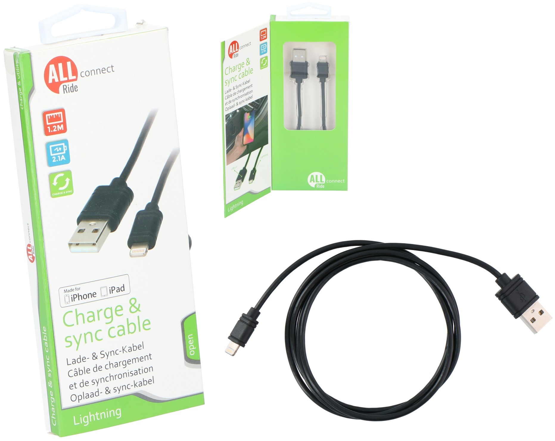 Oplaad en Data Kabel Lightning voor iPhone/iPad 1,2mtr zwart