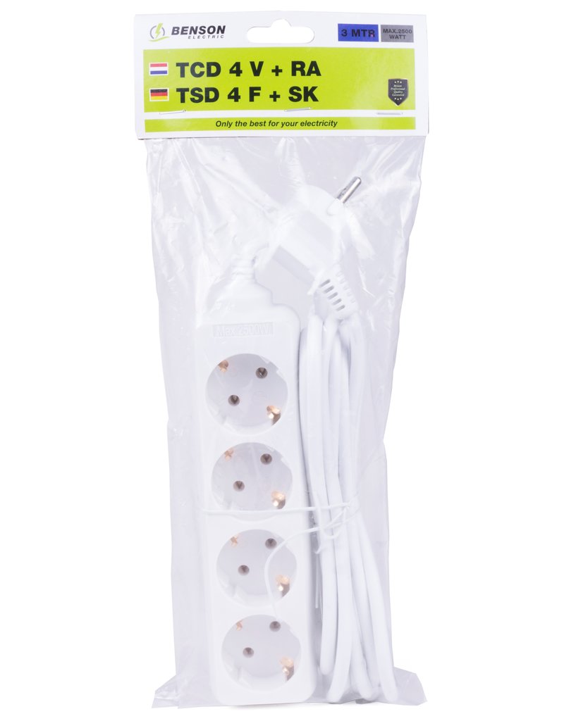 Stekkerdoos 4 voudig + ra + 3 meter snoer
