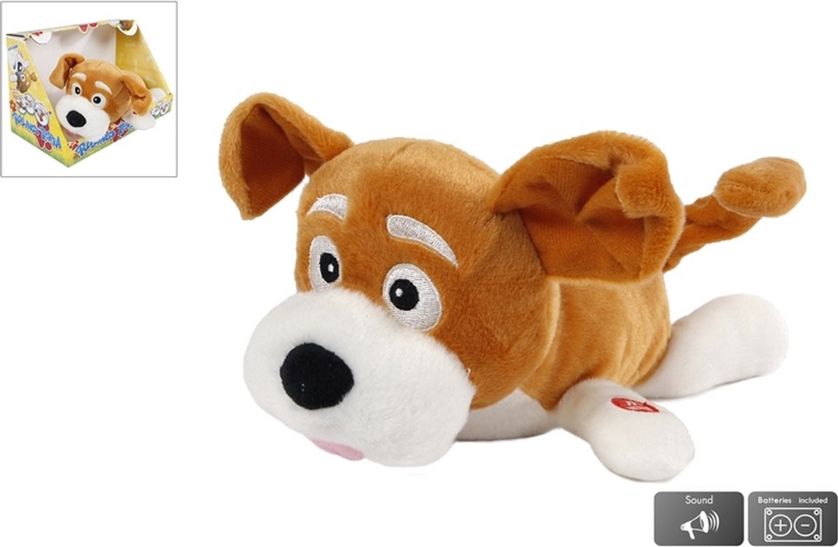 Pluche Knuffelhond 28cm. met geluid en rolt om