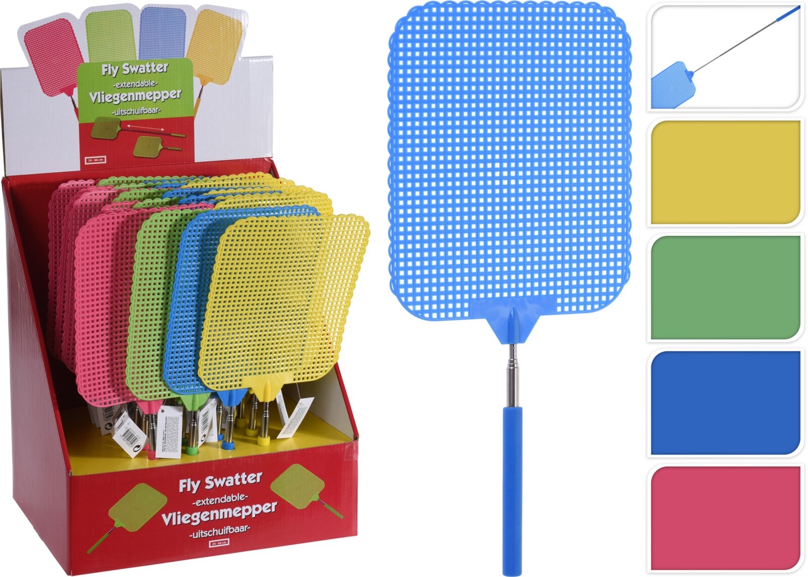 Vliegenmepper Uitschuifbaar XL 34-66cm. 4 assorti kleur