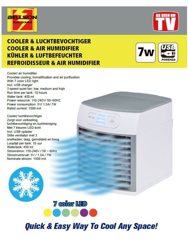 Cooler/Luchtbevochtiger 7 Led Kleur USB 16x16x16cm. 7W