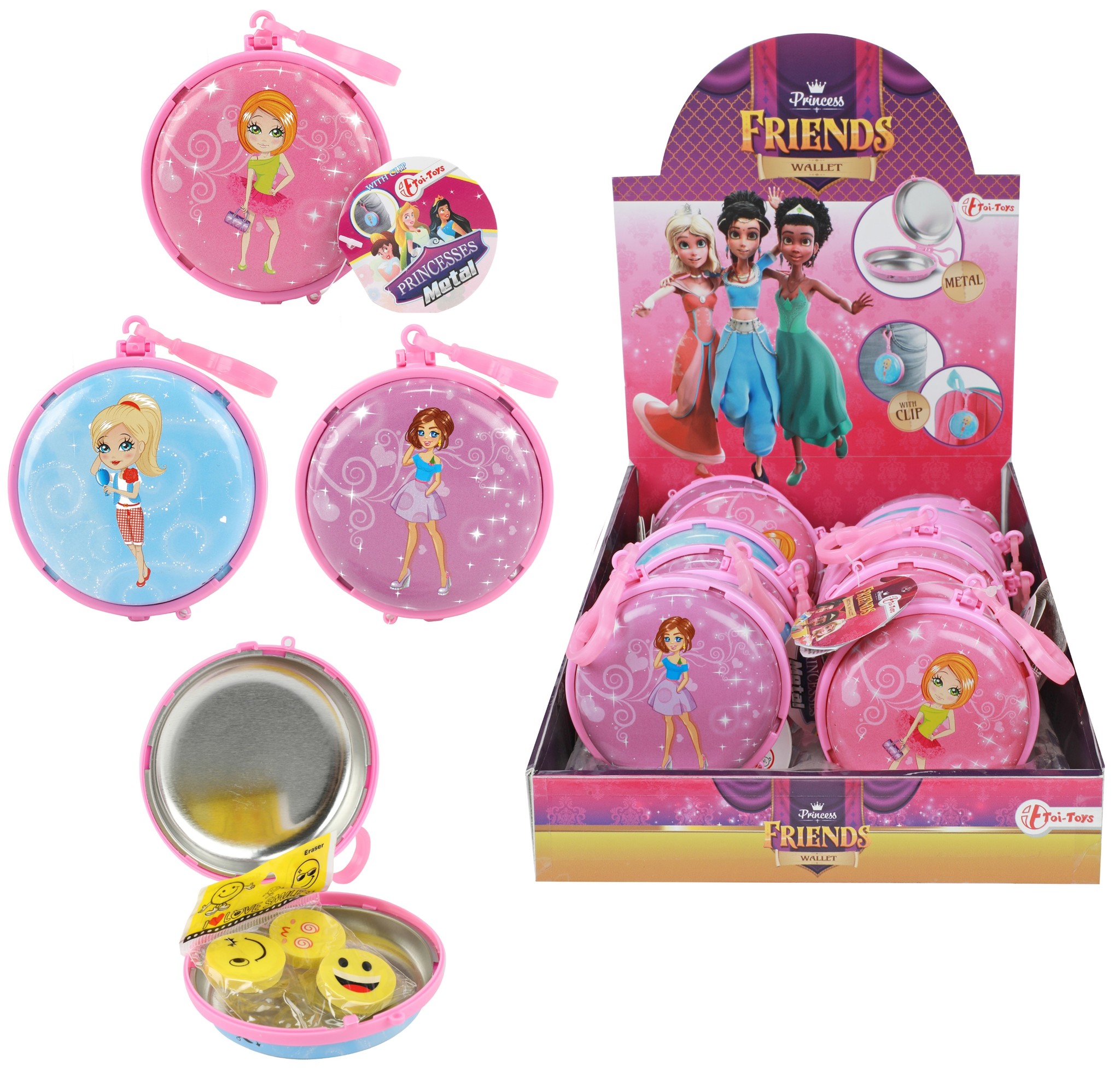 Portemonnee Sleutelhanger Princess Blik Ø8cm. 3 ass. design