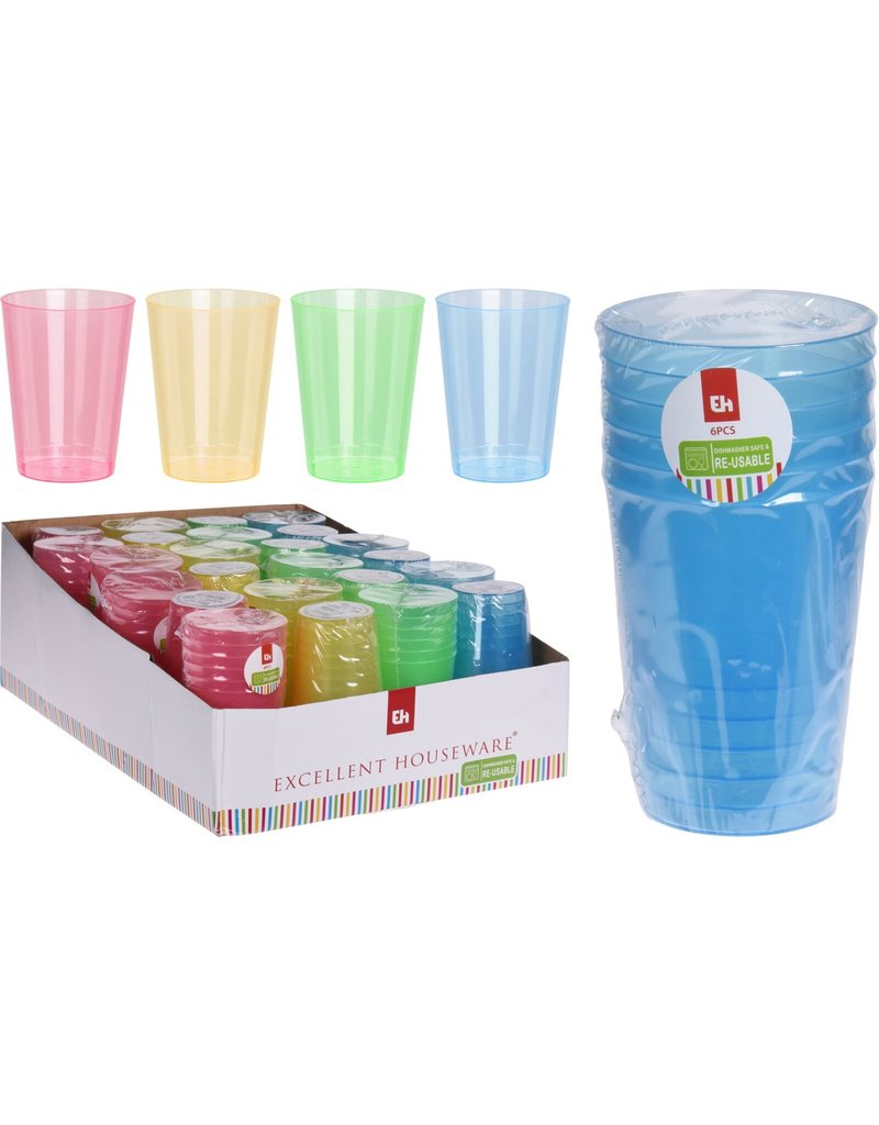 Waterglas 280ml PP set van 6 stuks 4 assorti kleur