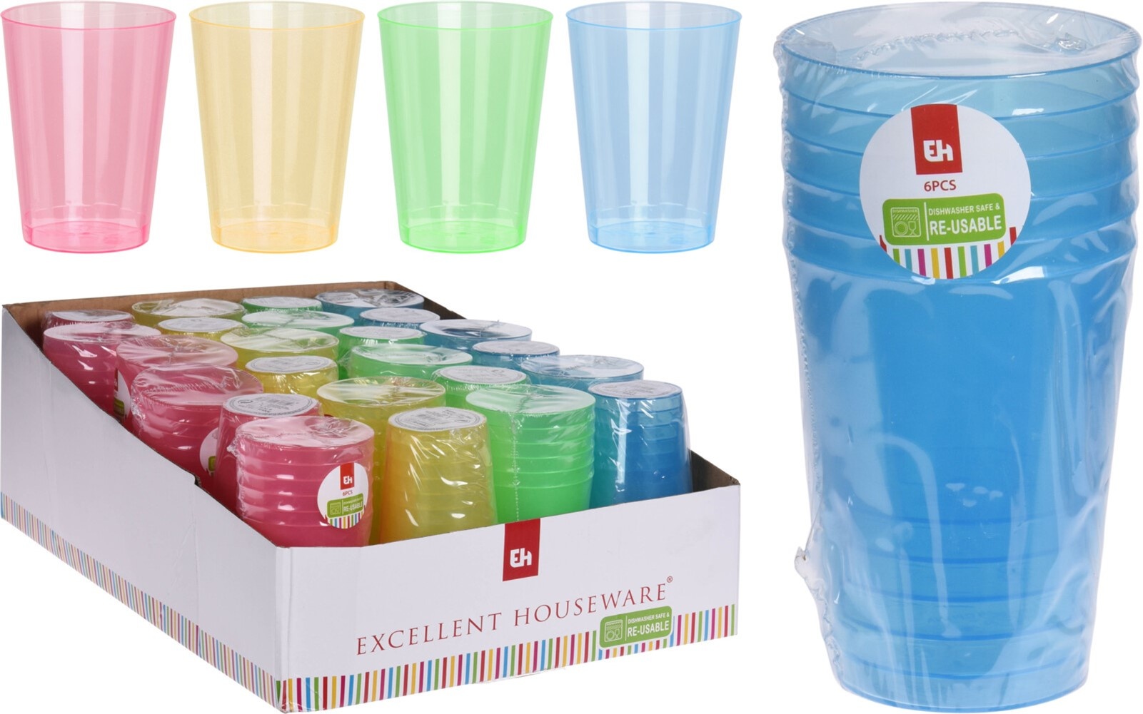 Waterglas 280ml PP set van 6 stuks 4 assorti kleur