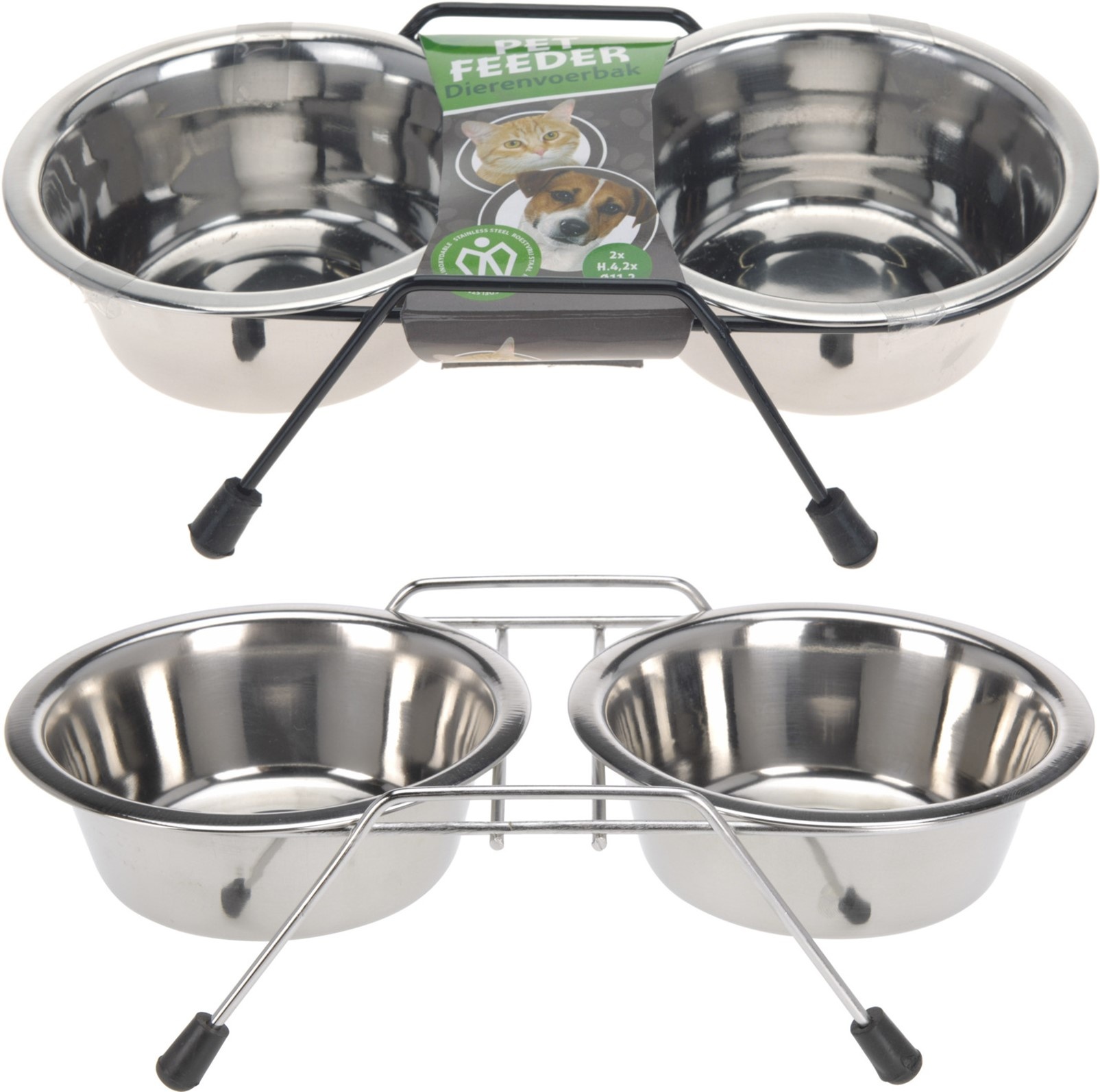 Drink- en Voerbak Hond RVS Zilver 3-delig bak 11x11x4cm