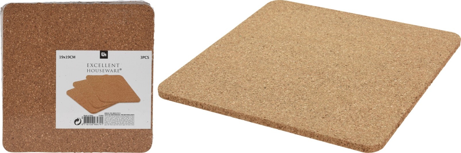 Onderzetter Kurk 19x19x2cm. set van 3 stuks
