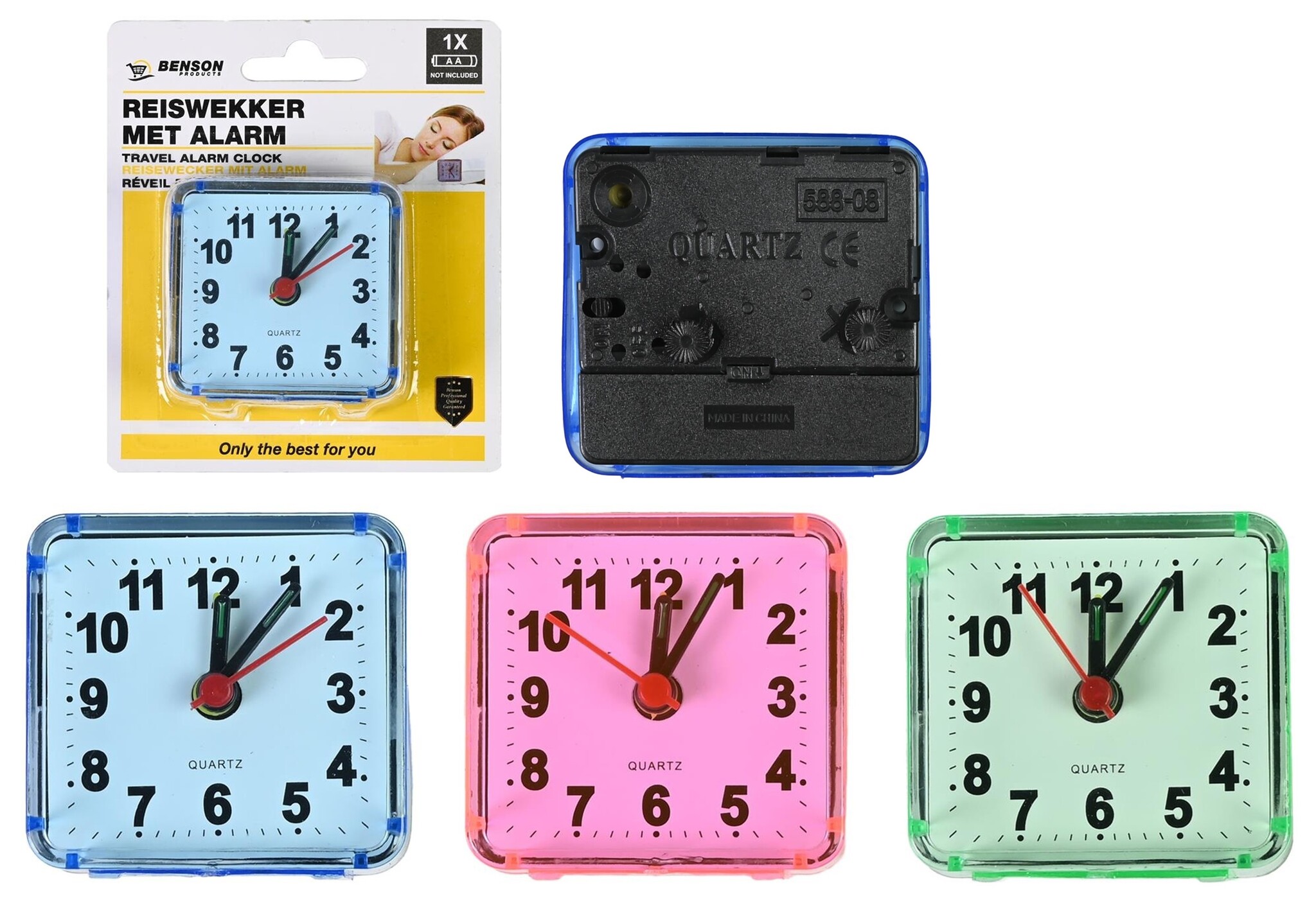 Reiswekker 6x6x3cm. met alarm 3 assorti kleur