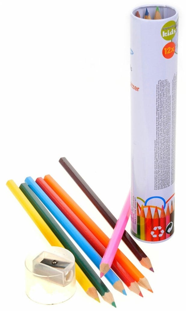 Kleurpotlood 12 stuks in een koker 19cm. met puntenslijper