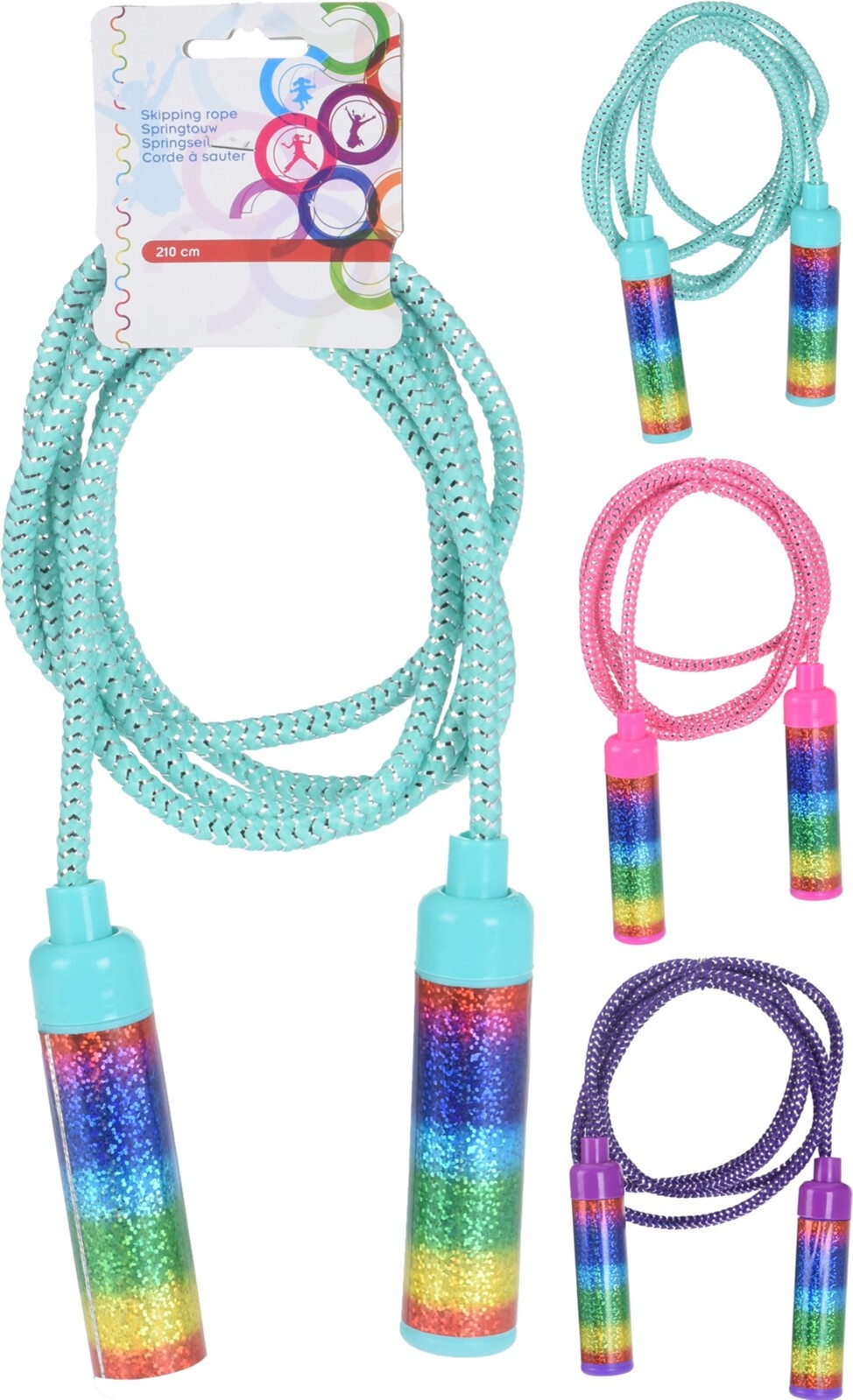 Springtouw 210cm. met rainbow handvat 3 assorti kleur