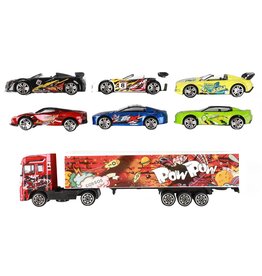 Metal Vrachtwagen Pop Art met 6 raceauto's 2 assorti