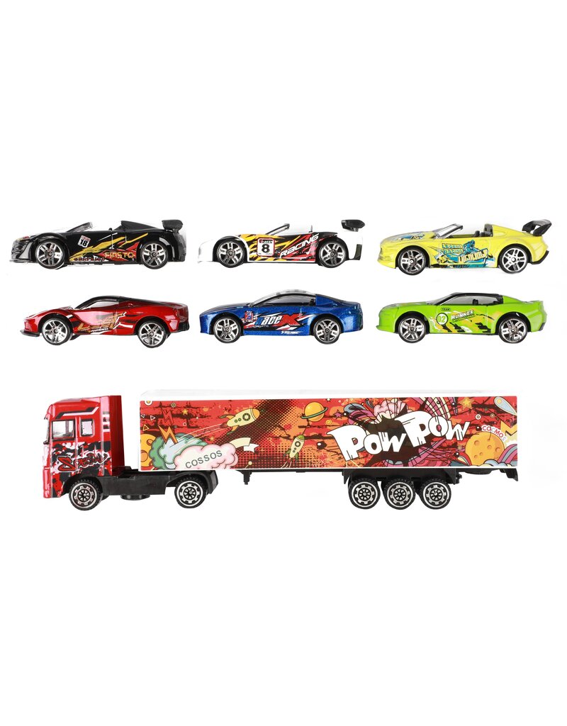 Metal Vrachtwagen Pop Art met 6 raceauto's 2 assorti