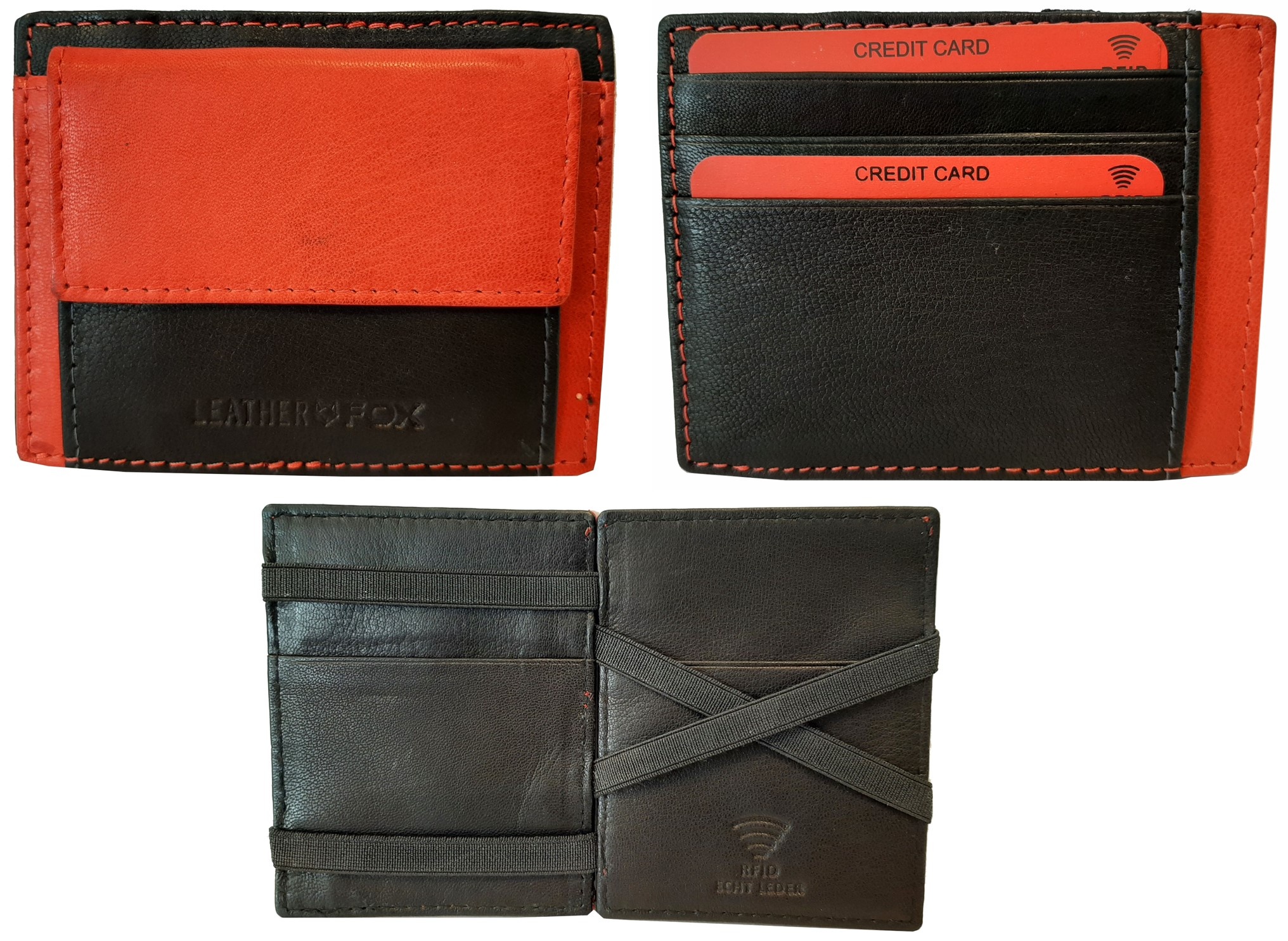 Magische Portemonnee 11x8,5cm. Zwart/Rood