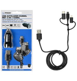 Autolader 2.4A met USB 3-in-1 met Kabel 1.5 meter 12-24v