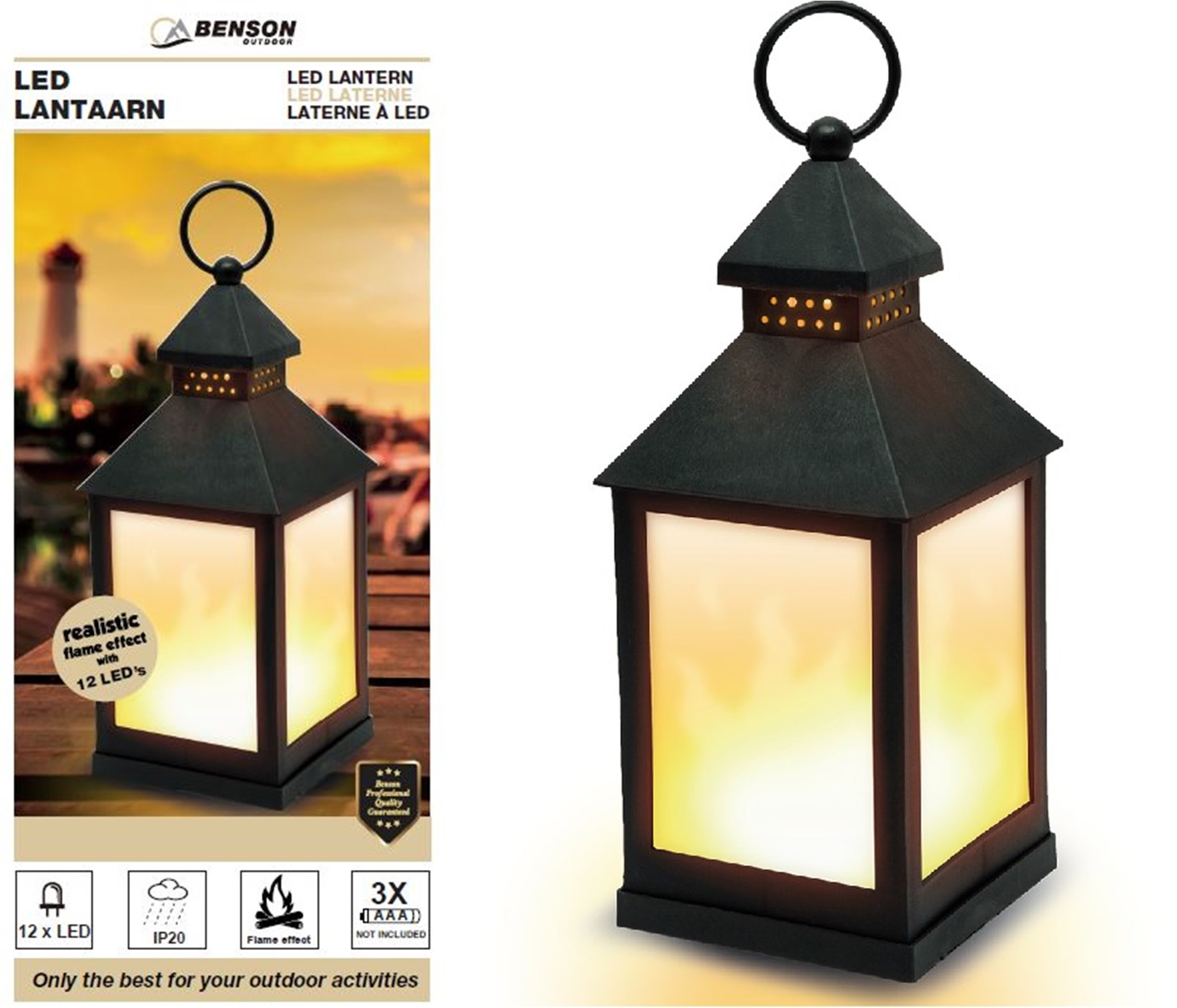 Led Lantaarn met Flame Effect 24x10,5x10,5cm. 12 Leds