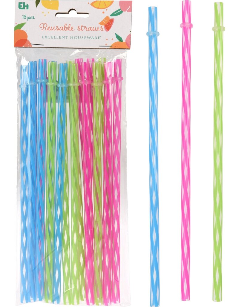 Drinkrietjes Plastic 24cm 18 stuks 3 ass. kleur herbruikbaar