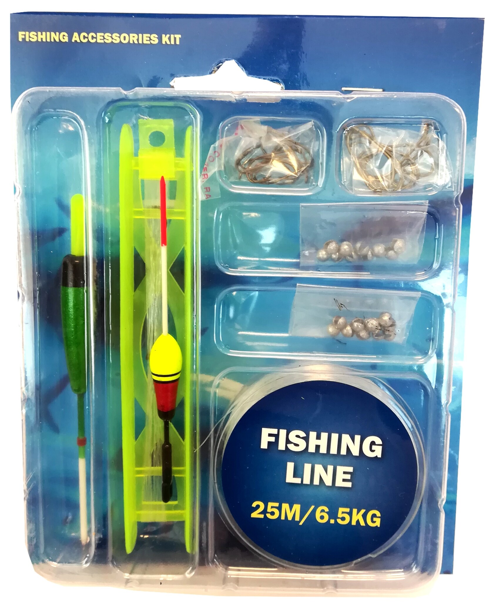 Vishengel Set 35 delig; dobbers,loodjes,haakjes & 25mtr lijn