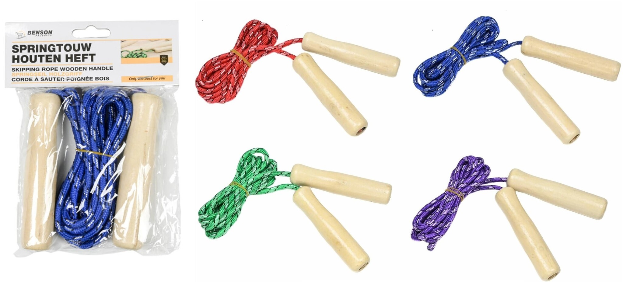Springtouw met houten handvatten 218cm assorti kleur