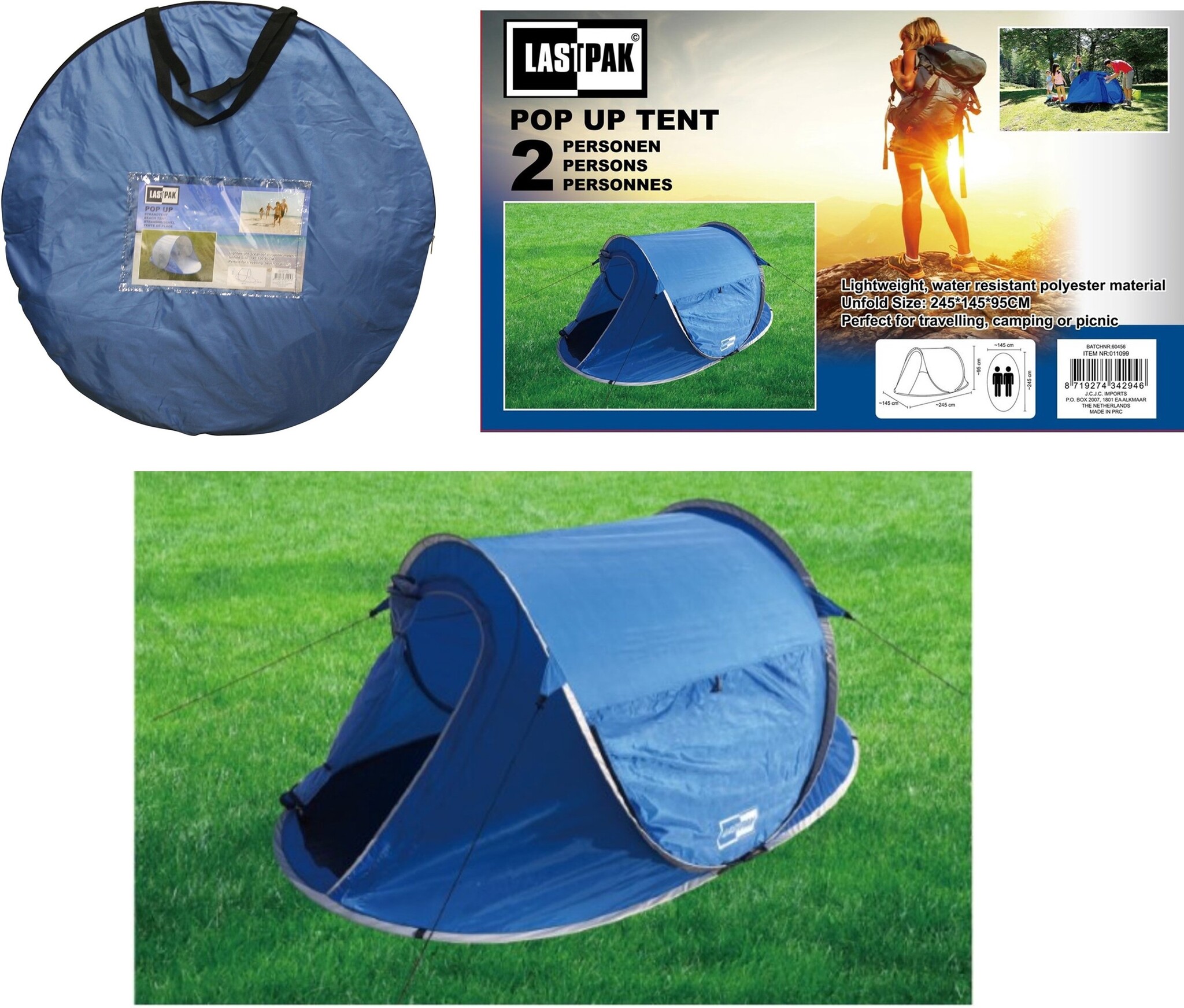 Pop-Up Tent 245x145x95 cm Waterdicht & UV Beschermd 2 pers.