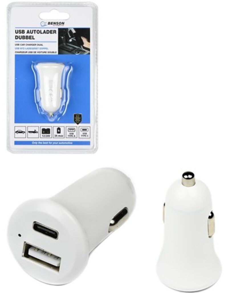 Auto Oplader USB-A + USB Type-C 3A 12-24V