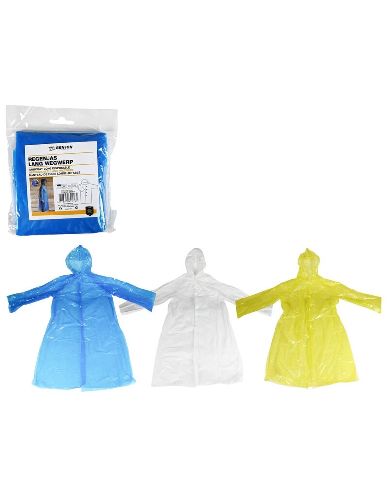 Regenjas Lang Wegwerp One Size 120cm 3 ass kleur