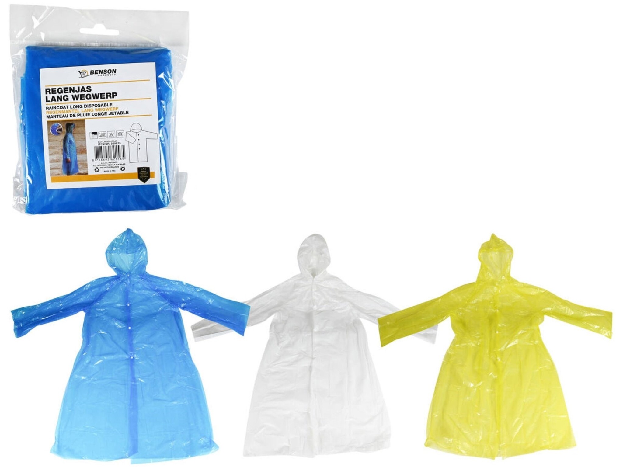 Regenjas Lang Wegwerp One Size 120cm 3 ass kleur