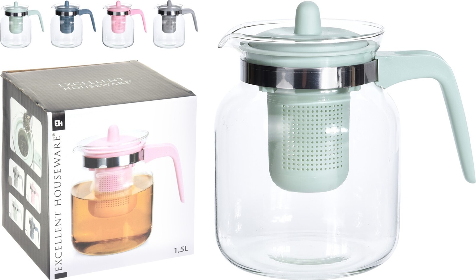 Theepot Glas 1500ml 4 assorti kleur